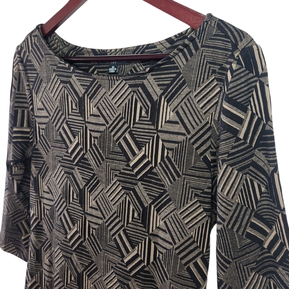 Sharagano Black and Tan Bodycon Geometric Midi Dress Size 10 - Picture 4 of 11